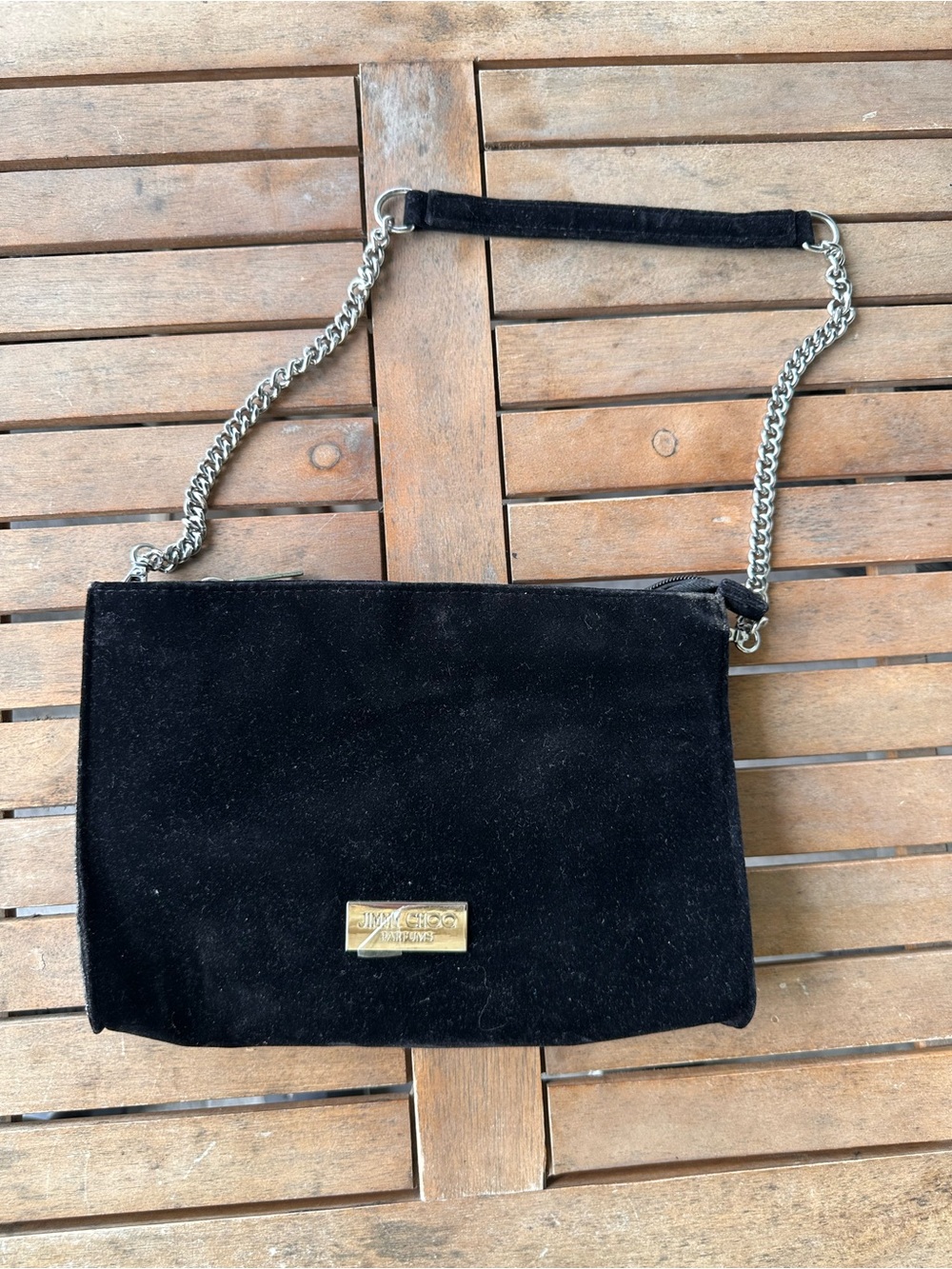 Jimmy Choo Black Velvet Chain Shoulder Clutch with Gold Plaque